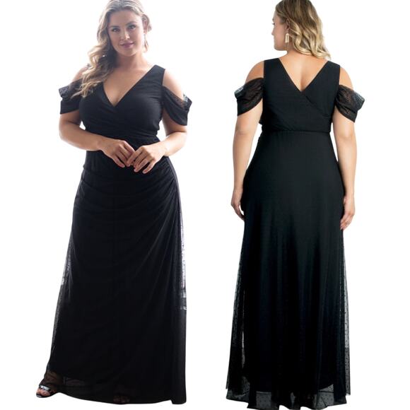 Kiyonna Seraphina Dot Mesh Gown Surplice Faux Wrap Off Shoulder Black NEW 3X - Picture 1 of 12